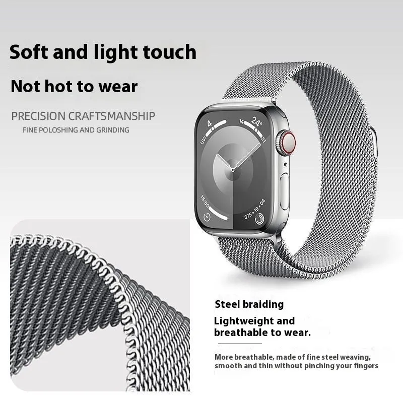 Milanis magnetic strap stainless steel metal watch band for Apple Watch in silver finish with magnetic clasp