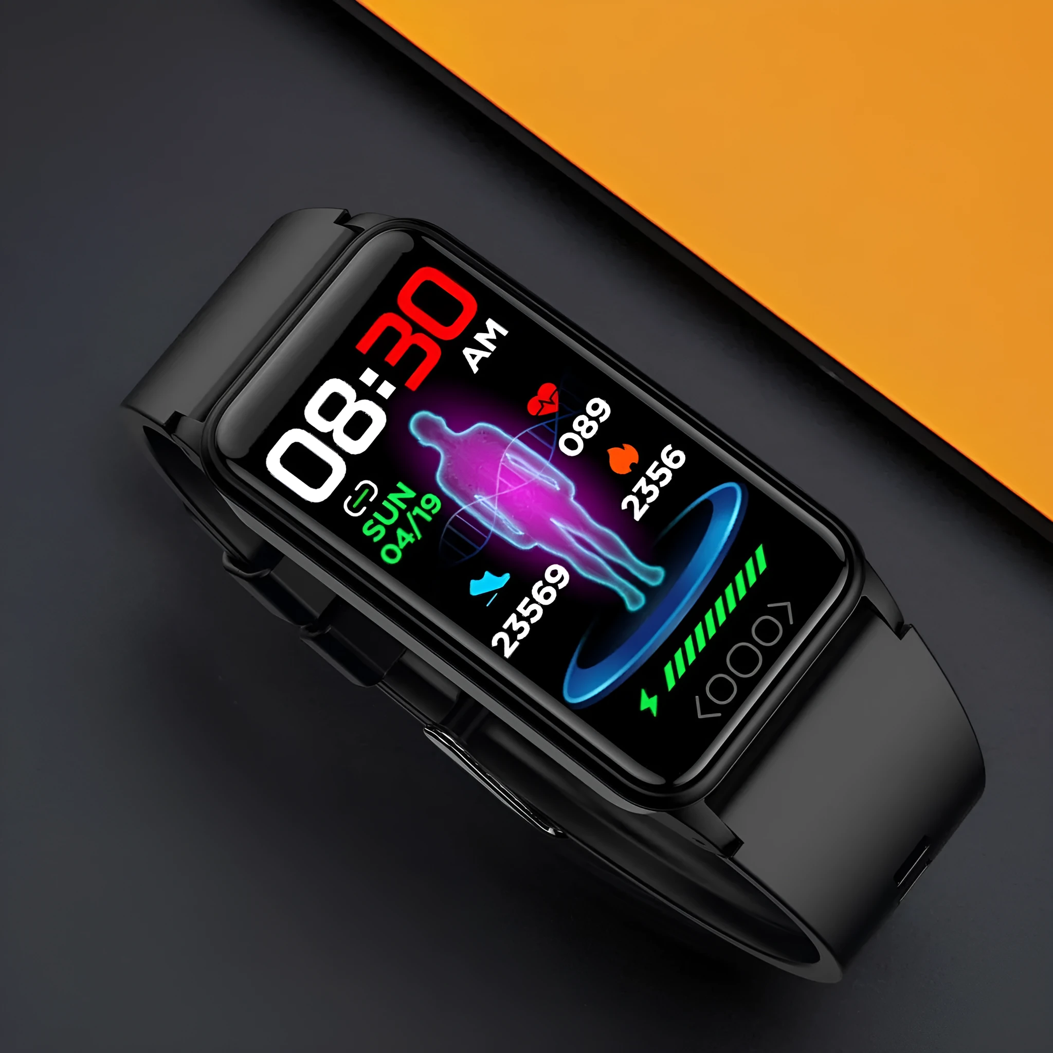 Smart bracelet with dynamic heart rate monitoring on a touchscreen display, silicone strap, black colour