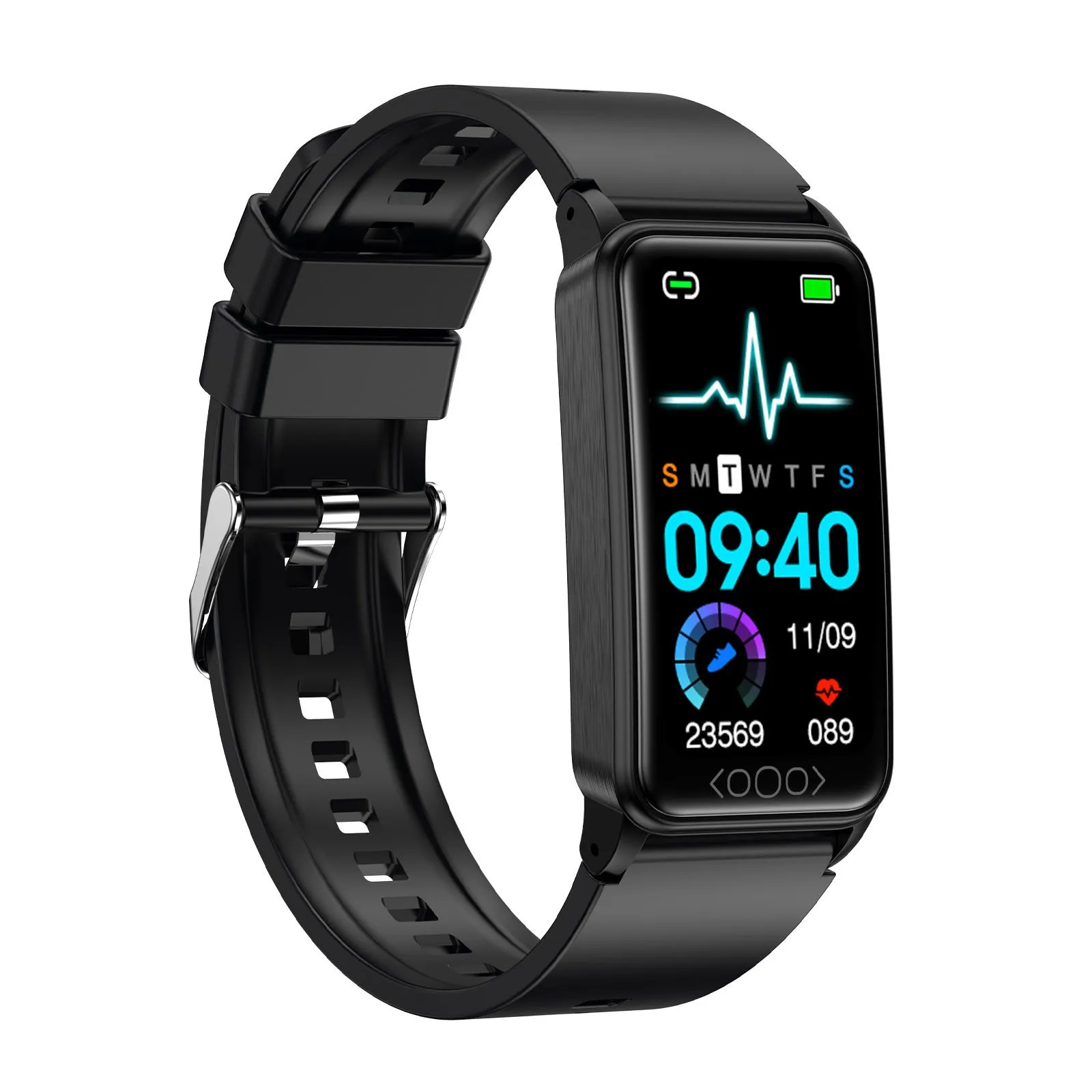 Smart bracelet with dynamic heart rate monitoring on a touchscreen display, silicone strap, black colour