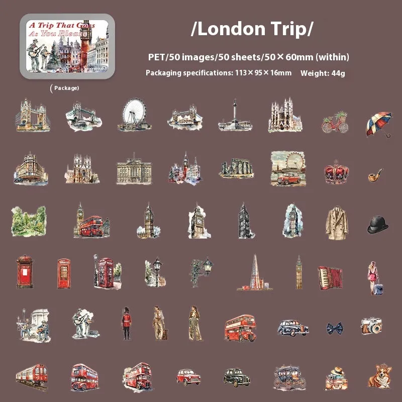 Travel Series PET stickers showing retro style design with Paris tour theme for scrapbooking