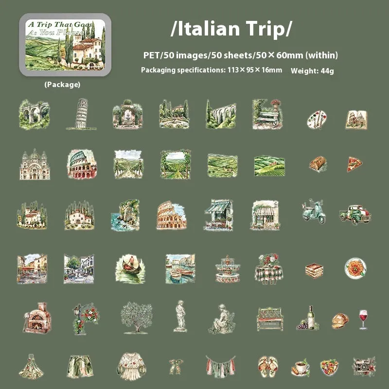 Travel Series PET stickers showing retro style design with Paris tour theme for scrapbooking