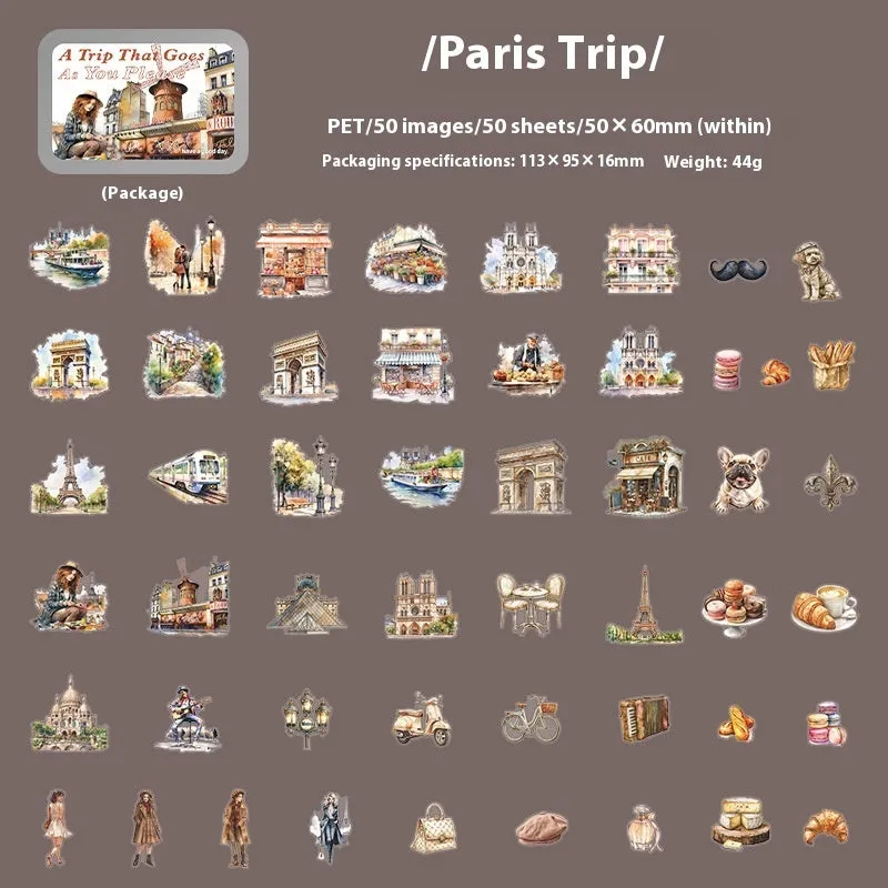 Travel Series PET stickers showing retro style design with Paris tour theme for scrapbooking