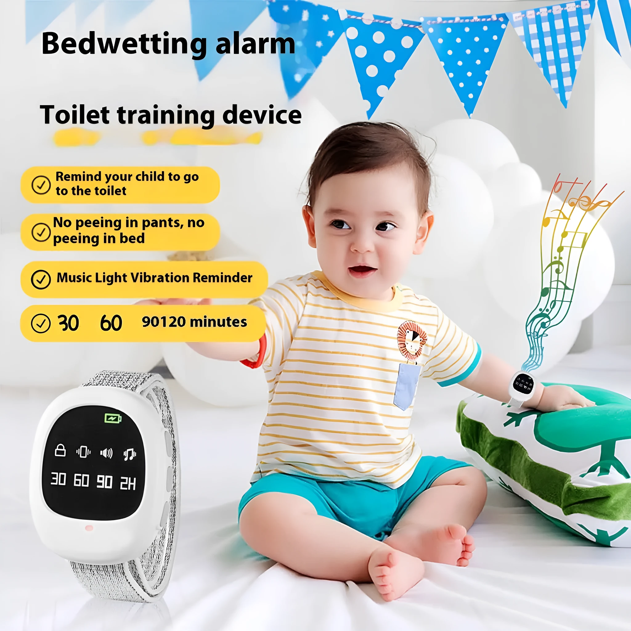 Wireless watch-style toilet trainer alarm with light, vibration, and music for children bed-wetting detection