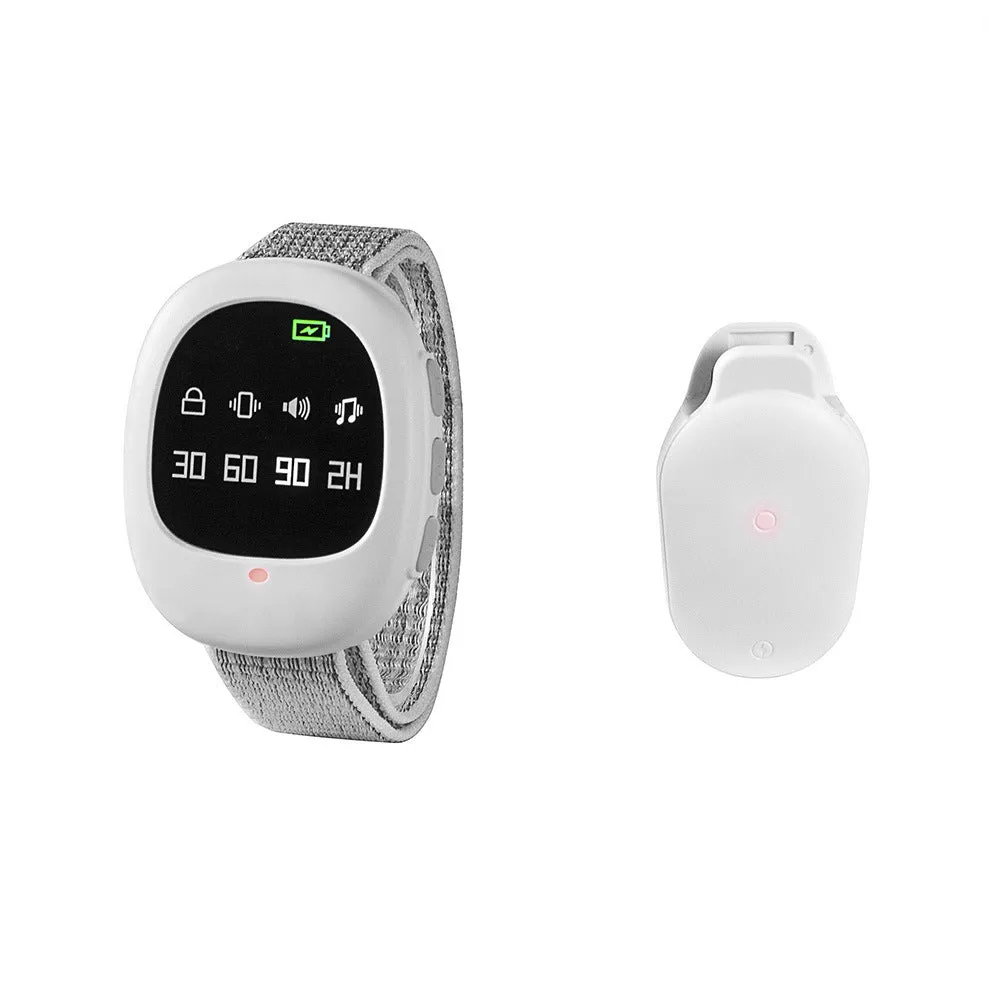 Wireless watch-style toilet trainer alarm with light, vibration, and music for children bed-wetting detection