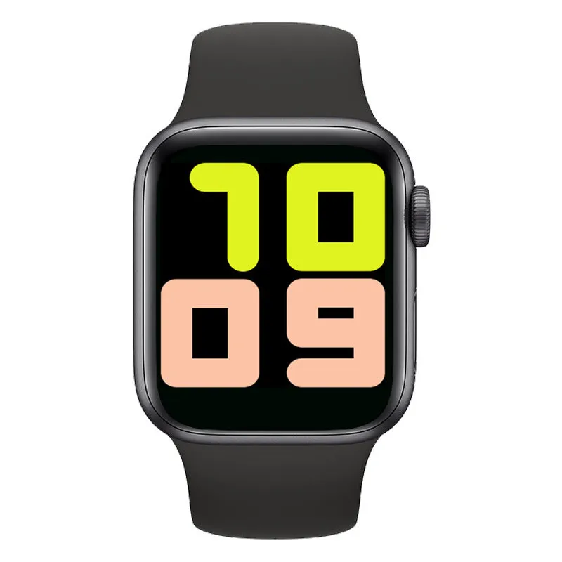 Smart watch with black silicone strap and Bluetooth earphones on wrist