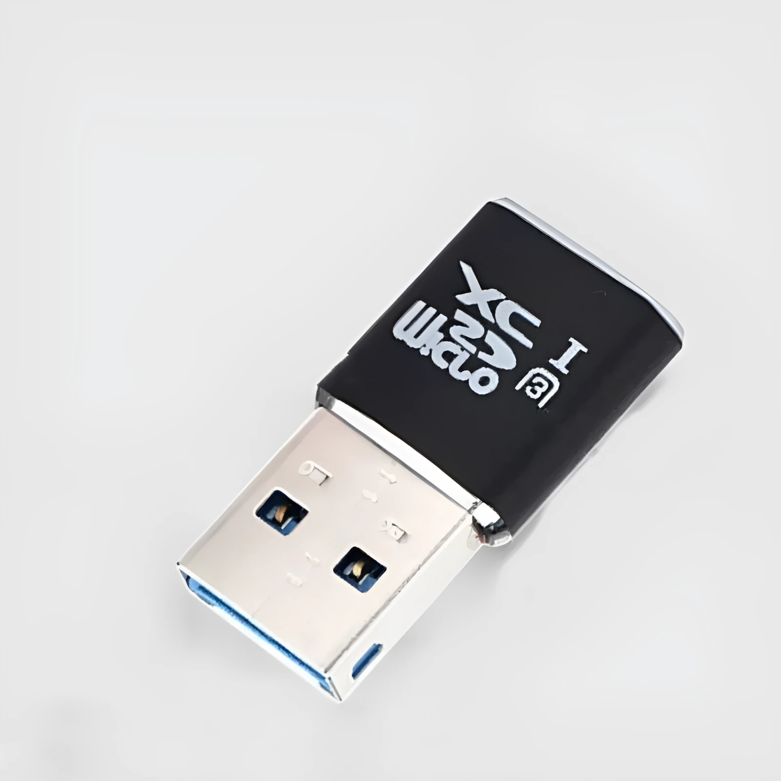 Black USB 3.0 card reader for SD and microSD memory cards on a white background.