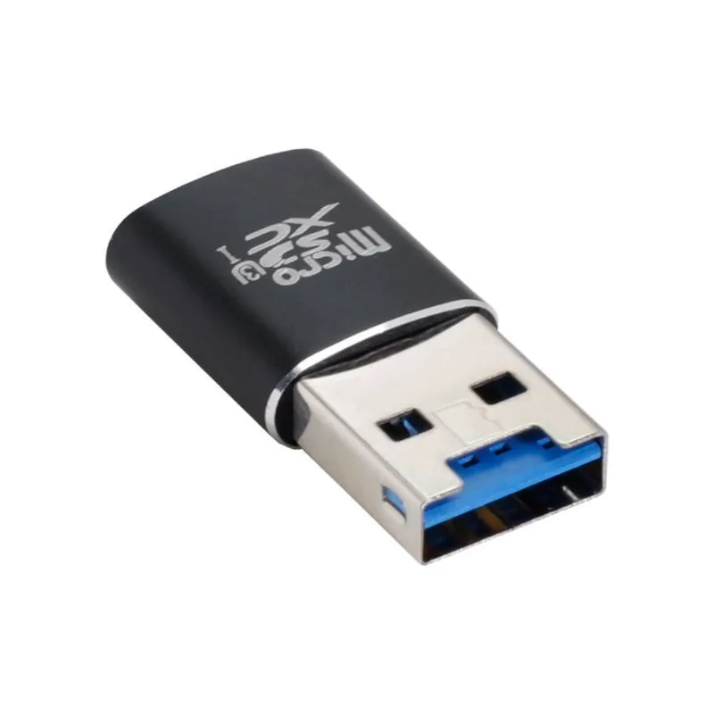 Black USB 3.0 card reader for SD and microSD memory cards on a white background.