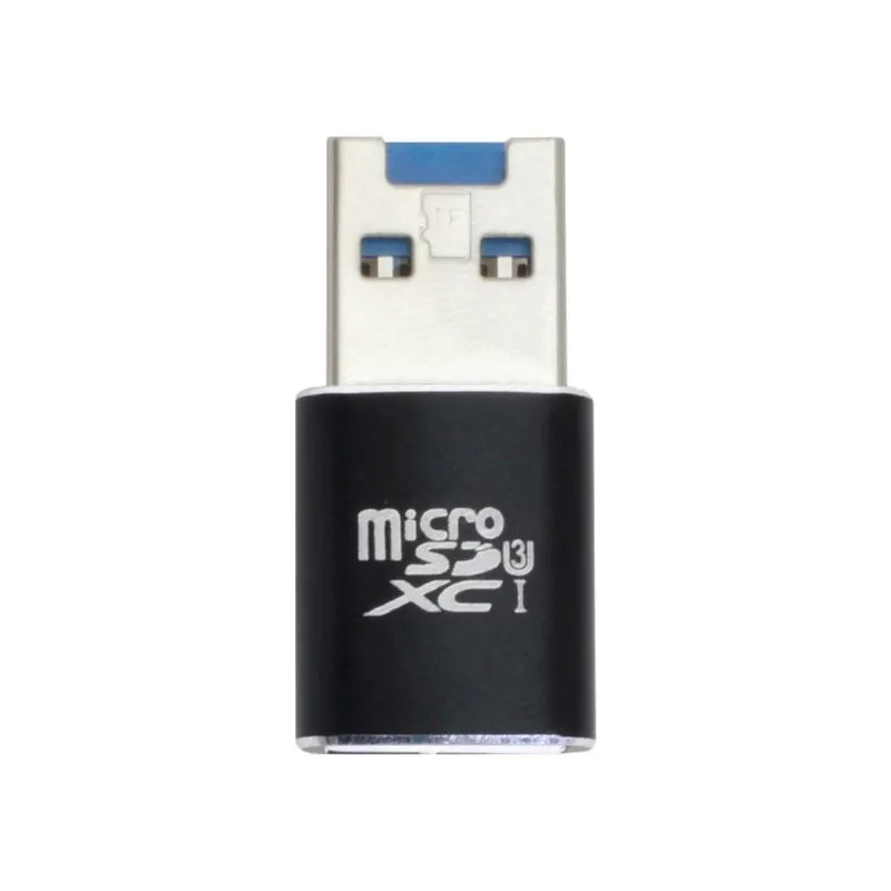 Black USB 3.0 card reader for SD and microSD memory cards on a white background.