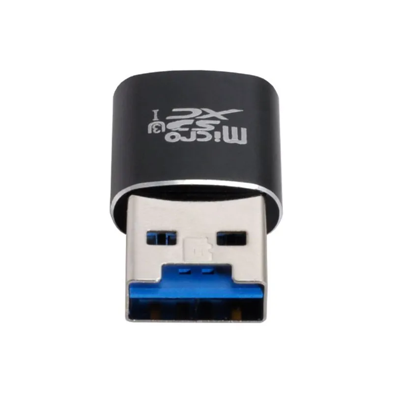 Black USB 3.0 card reader for SD and microSD memory cards on a white background.
