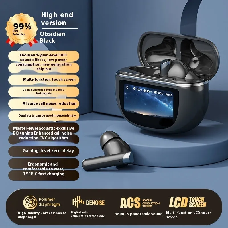 Smart Bluetooth headset in black with digital display screen and breathing light, in-ear style