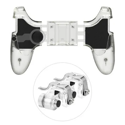 Black mobile phone game handle with USB-C plug and trigger buttons attached to a smartphone.
