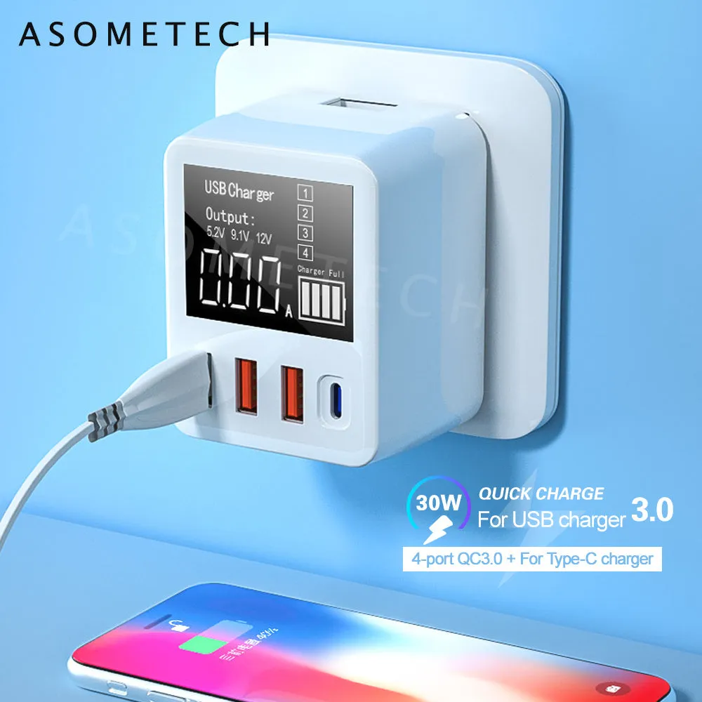 White travel charger with multiple USB ports and British plug for fast charging smartphones and tablets