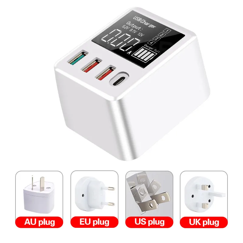 White travel charger with multiple USB ports and British plug for fast charging smartphones and tablets