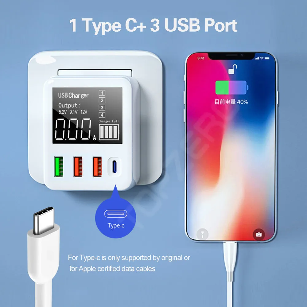 White travel charger with multiple USB ports and British plug for fast charging smartphones and tablets
