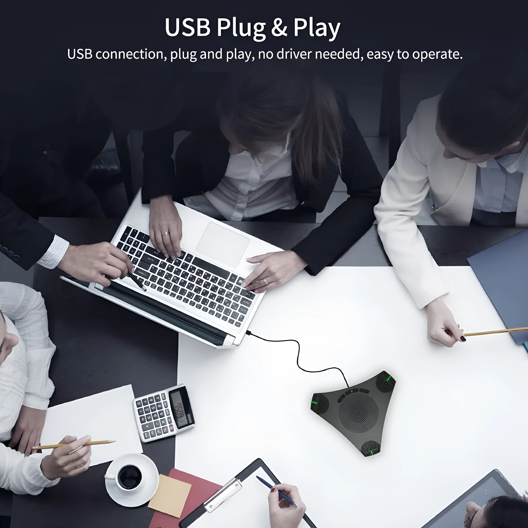 Wired USB plug-and-play microphone in black with compact desktop footprint, 5W power, 203.5x178.6x40mm dimensions