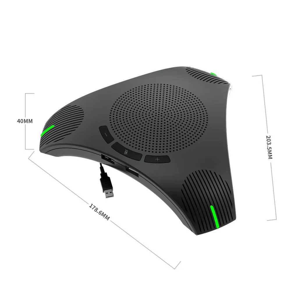 Wired USB plug-and-play microphone in black with compact desktop footprint, 5W power, 203.5x178.6x40mm dimensions