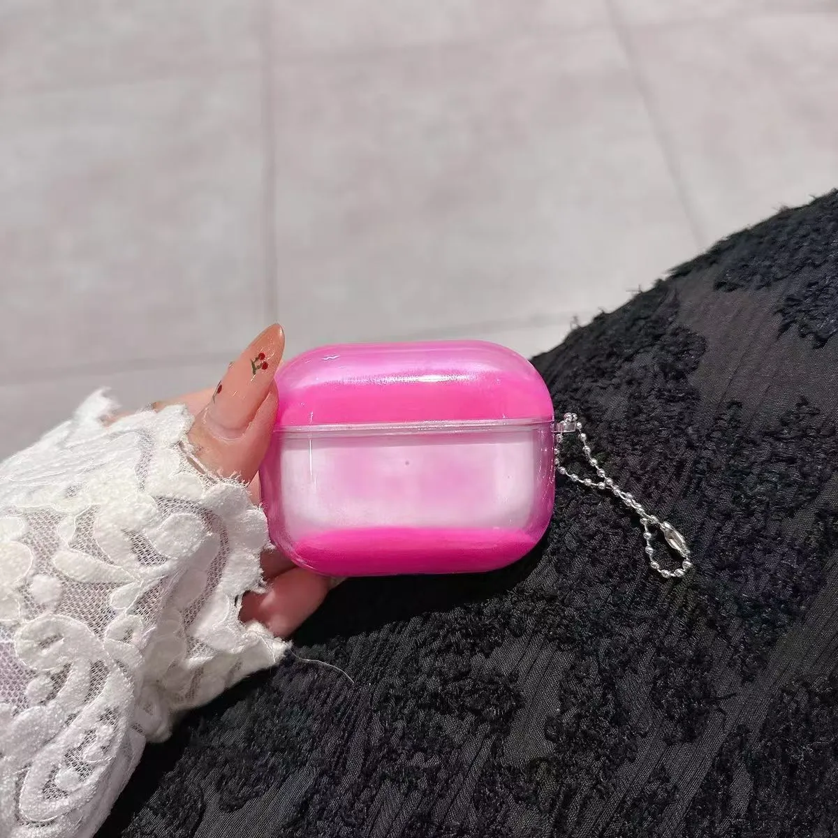 Fluorescent quicksand liquid luminous TPU earphone case for Apple AirPods with climbing carabiner clip in pink