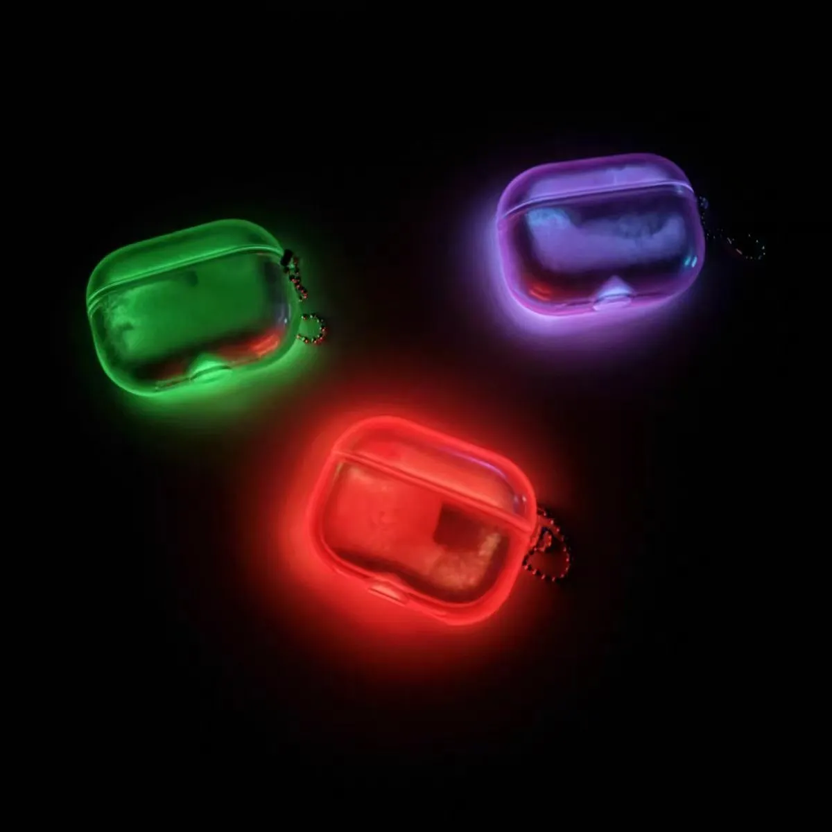 Fluorescent quicksand liquid luminous TPU earphone case for Apple AirPods with climbing carabiner clip in pink