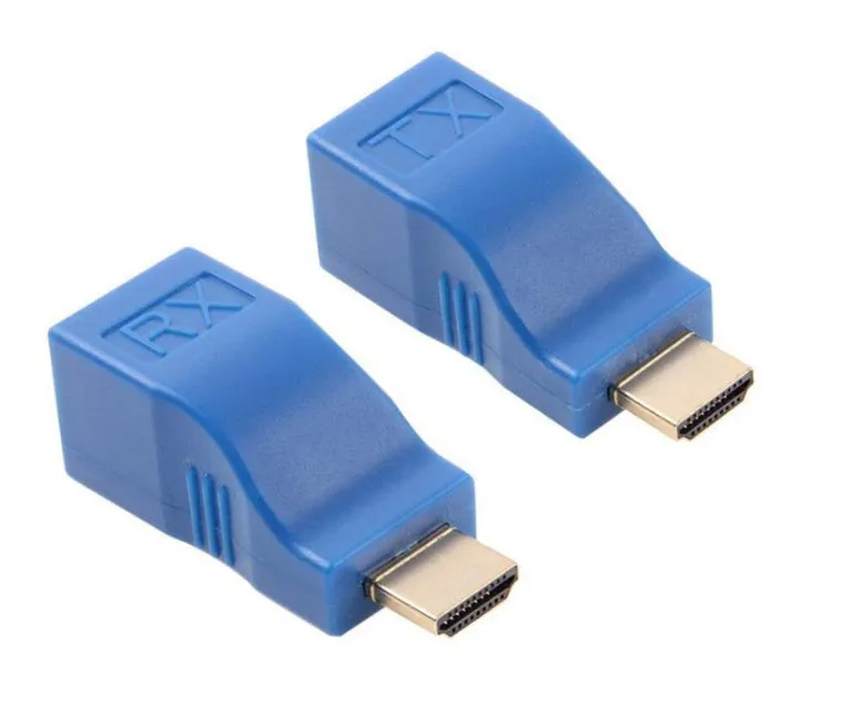 HDMI over Cat-6 extender kit with compact transmitter and receiver units for 30-metre 1080P signal transmission.