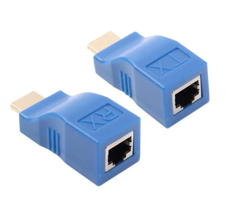 HDMI over Cat-6 extender kit with compact transmitter and receiver units for 30-metre 1080P signal transmission.