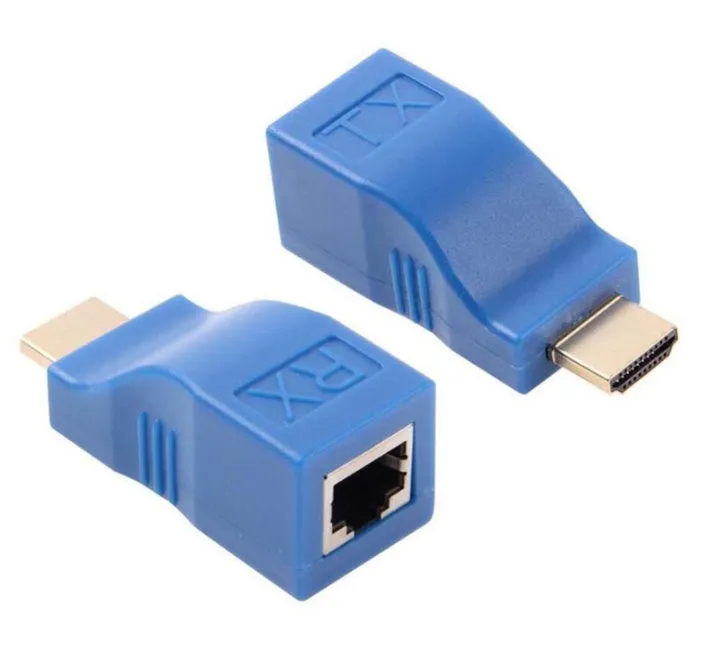 HDMI over Cat-6 extender kit with compact transmitter and receiver units for 30-metre 1080P signal transmission.