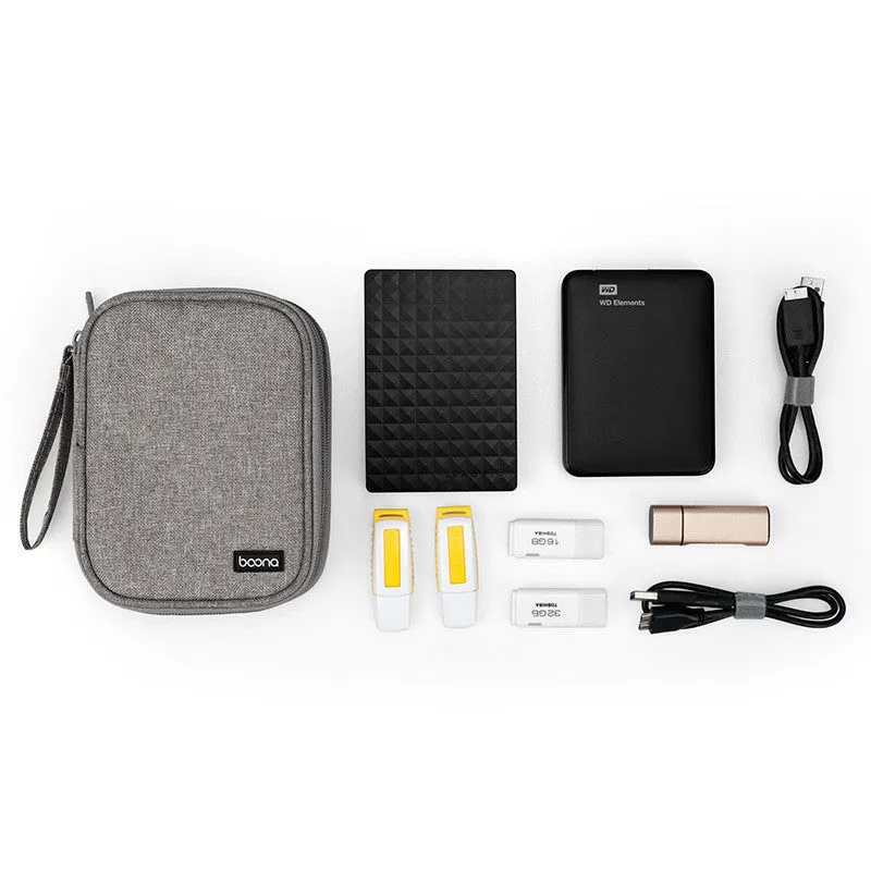 Grey and black Oxford cloth protective storage bags for 2.5-inch portable hard drives on a table.
