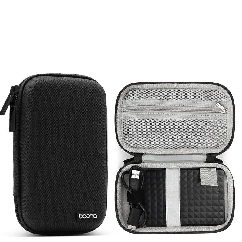 Grey and black Oxford cloth protective storage bags for 2.5-inch portable hard drives on a table.