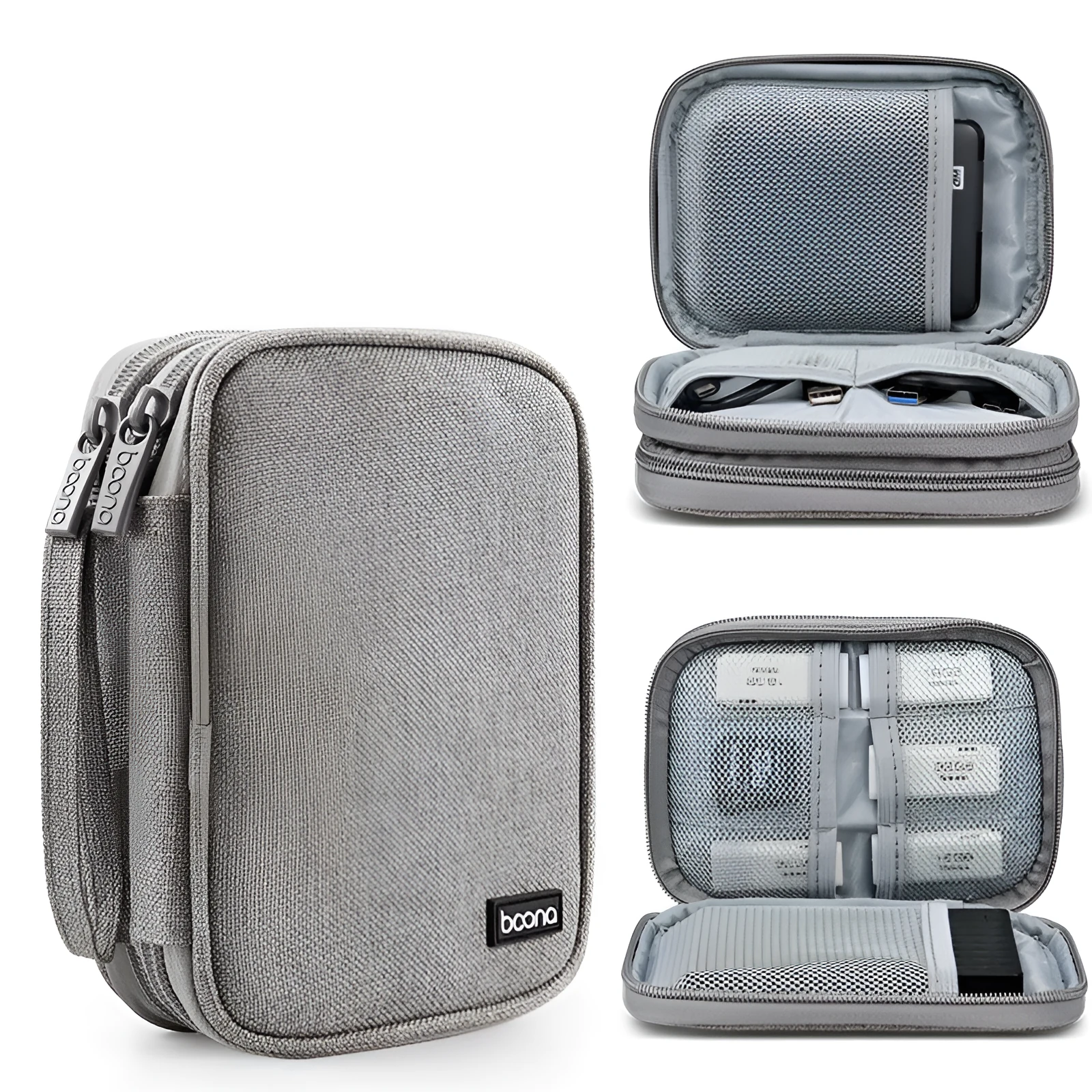 Grey and black Oxford cloth protective storage bags for 2.5-inch portable hard drives on a table.