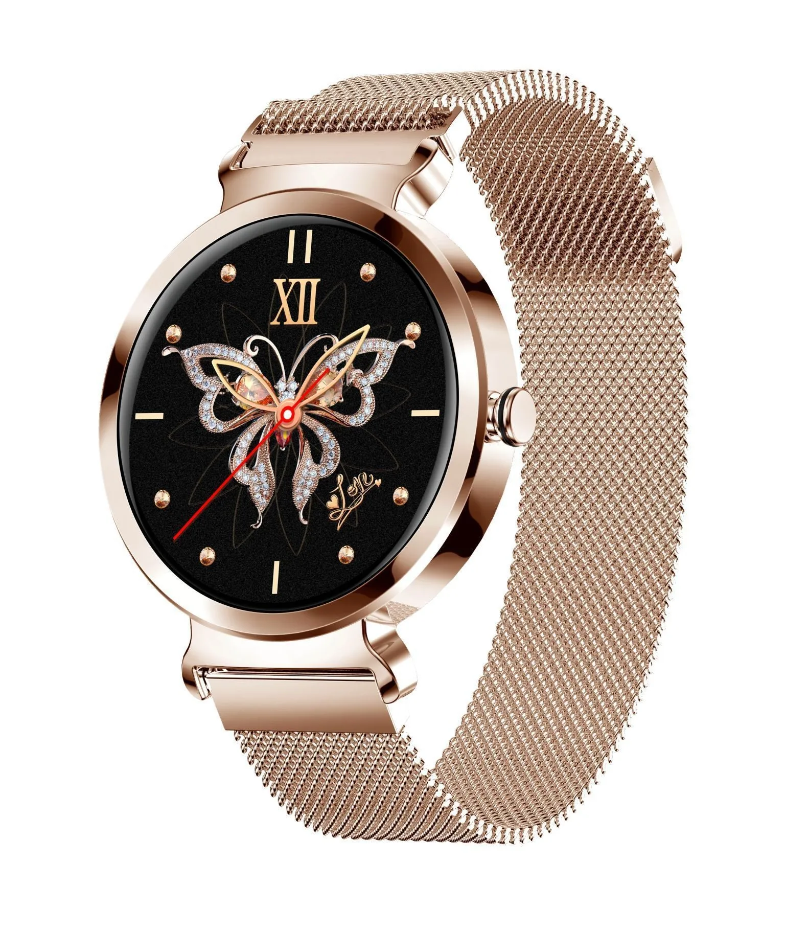 Zinc alloy smart bracelet with 1.28-inch screen on wrist, showing gold colour option.