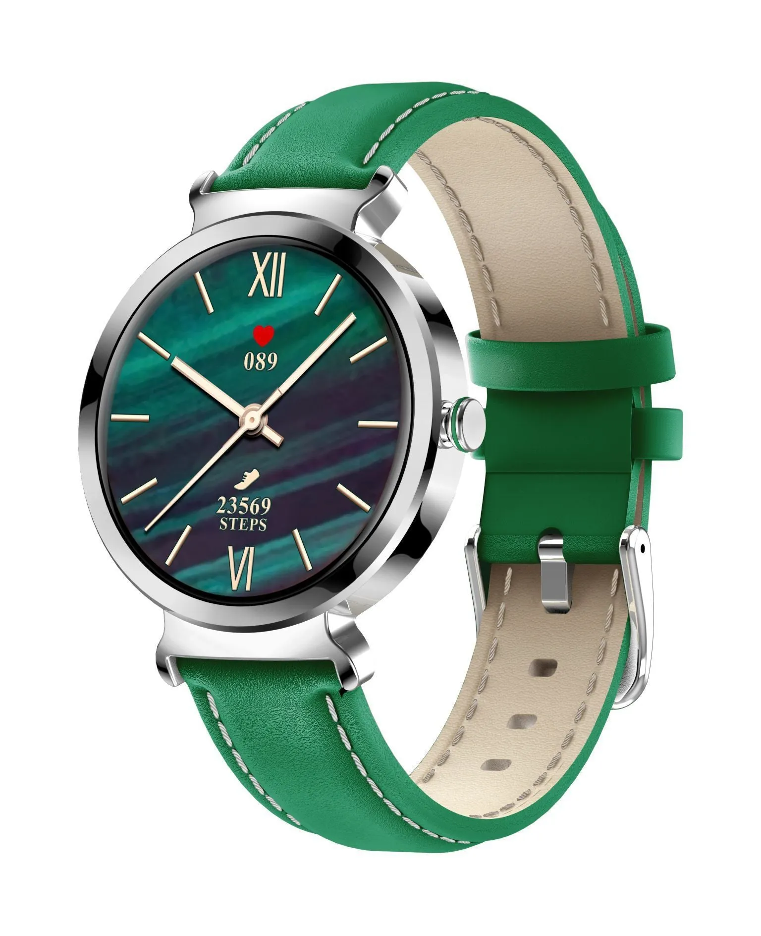 Zinc alloy smart bracelet with 1.28-inch screen on wrist, showing gold colour option.
