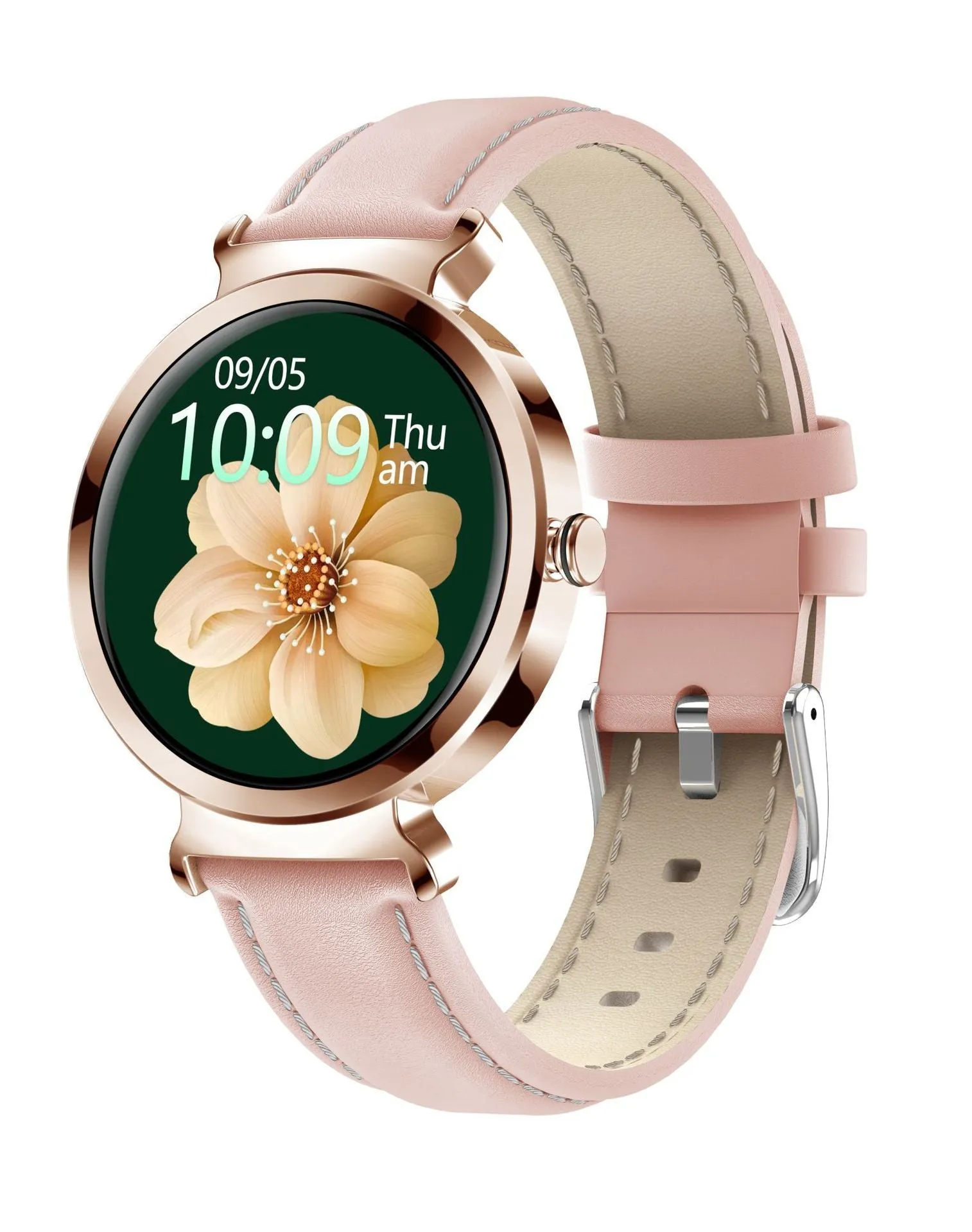 Zinc alloy smart bracelet with 1.28-inch screen on wrist, showing gold colour option.