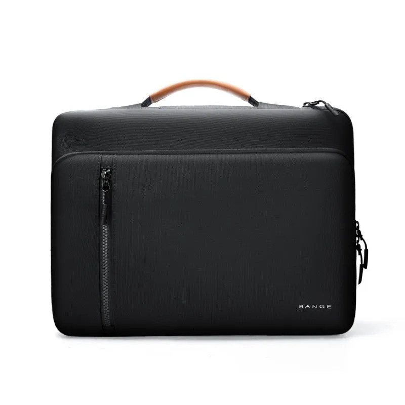 Khaki nylon laptop sleeve with zip closure and visible sewing lines next to a 14-inch notebook