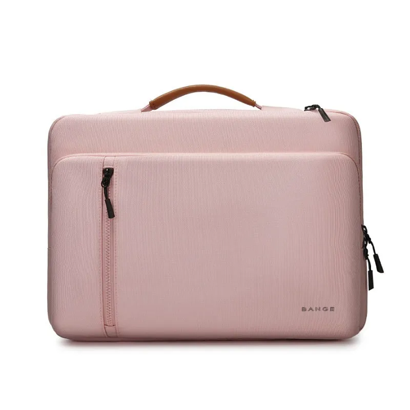 Khaki nylon laptop sleeve with zip closure and visible sewing lines next to a 14-inch notebook