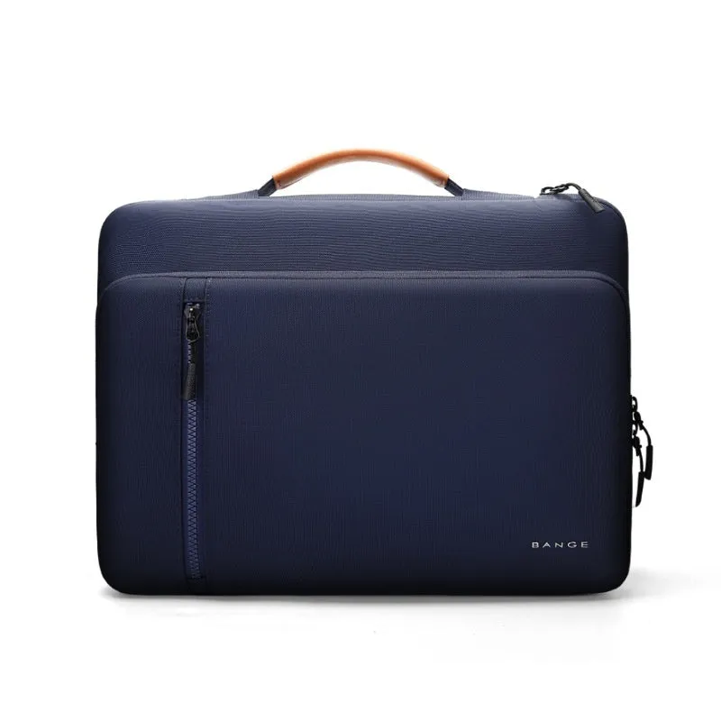 Khaki nylon laptop sleeve with zip closure and visible sewing lines next to a 14-inch notebook