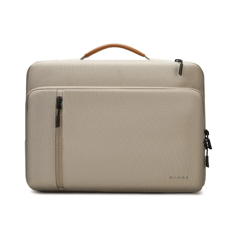 Khaki nylon laptop sleeve with zip closure and visible sewing lines next to a 14-inch notebook