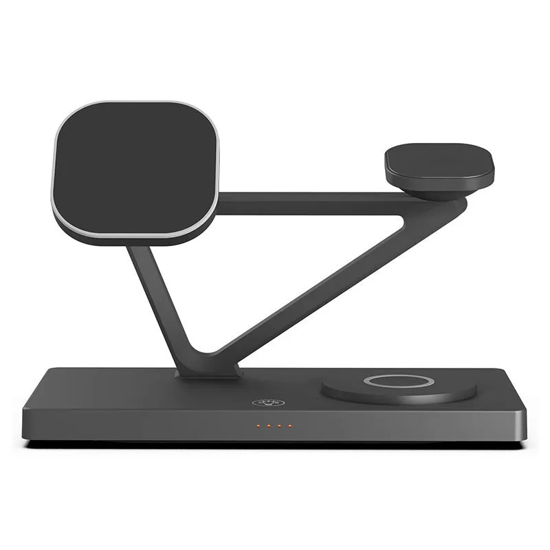 Small black and white wireless charging night lamp with multiple charging stations for phones, watches, and headphones