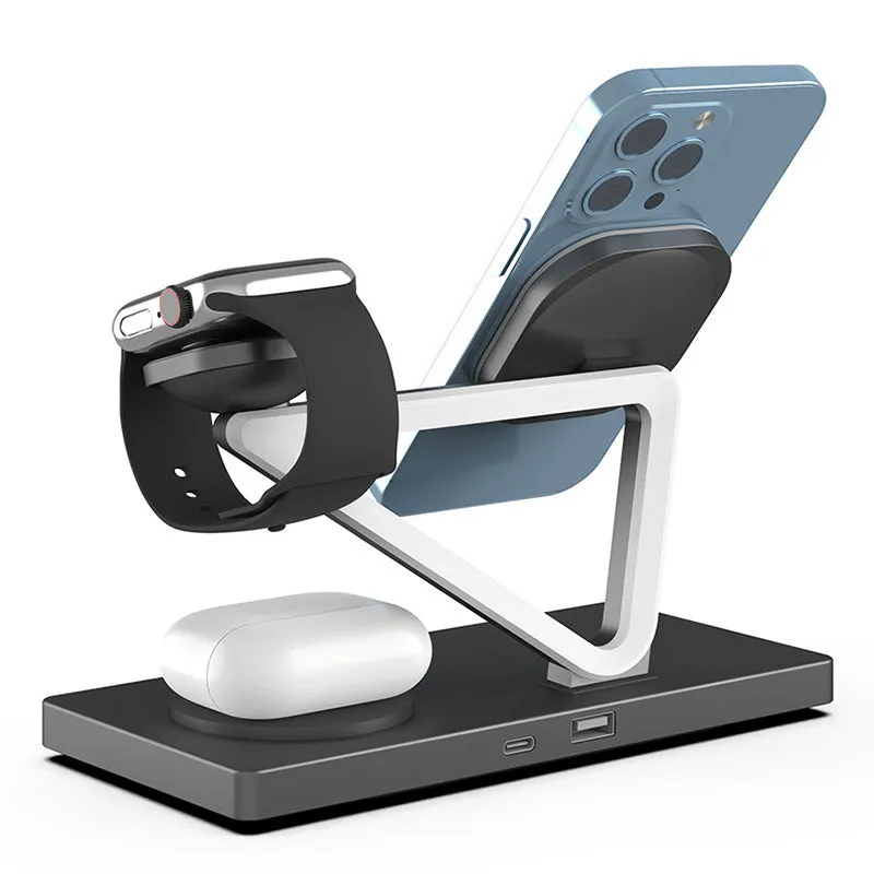 Small black and white wireless charging night lamp with multiple charging stations for phones, watches, and headphones