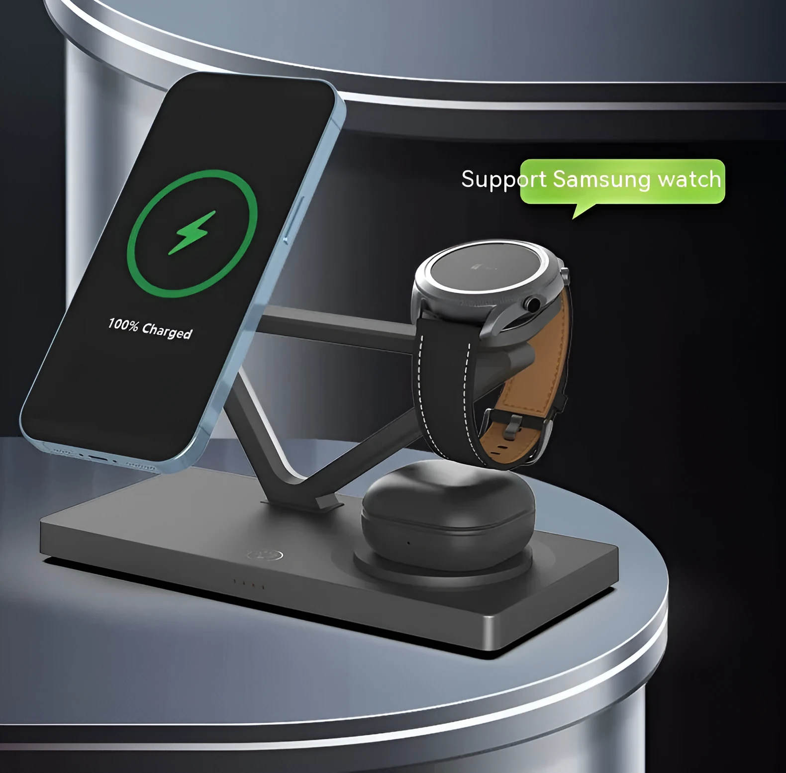 Small black and white wireless charging night lamp with multiple charging stations for phones, watches, and headphones