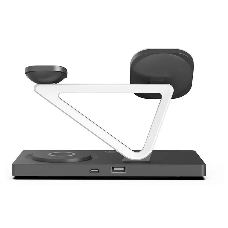 Small black and white wireless charging night lamp with multiple charging stations for phones, watches, and headphones