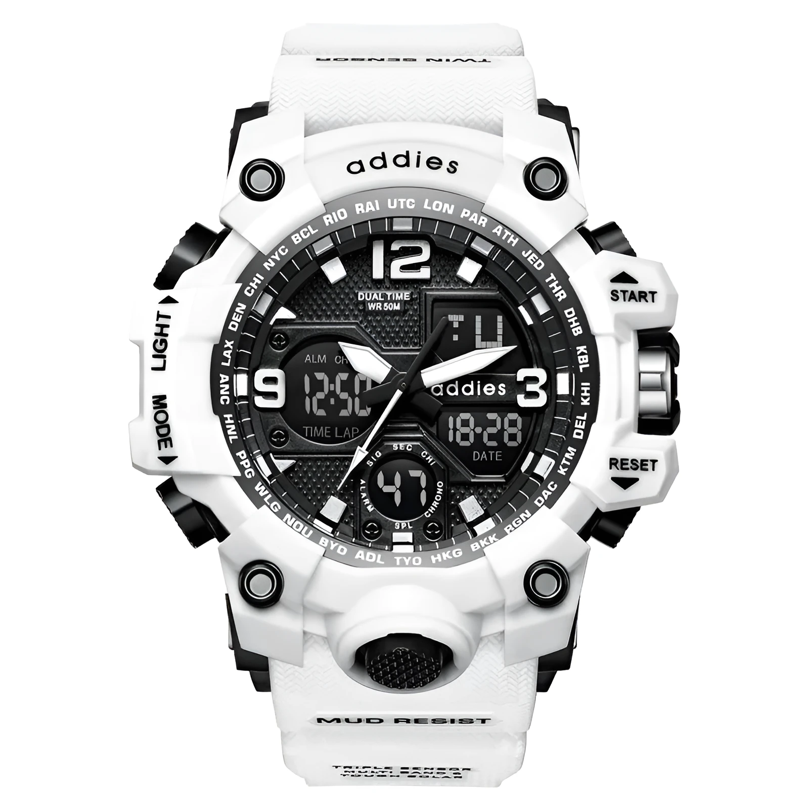 Men's black and red dual display electronic sports watch with a round plastic case and stainless steel buckle.