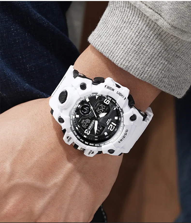 Men's black and red dual display electronic sports watch with a round plastic case and stainless steel buckle.
