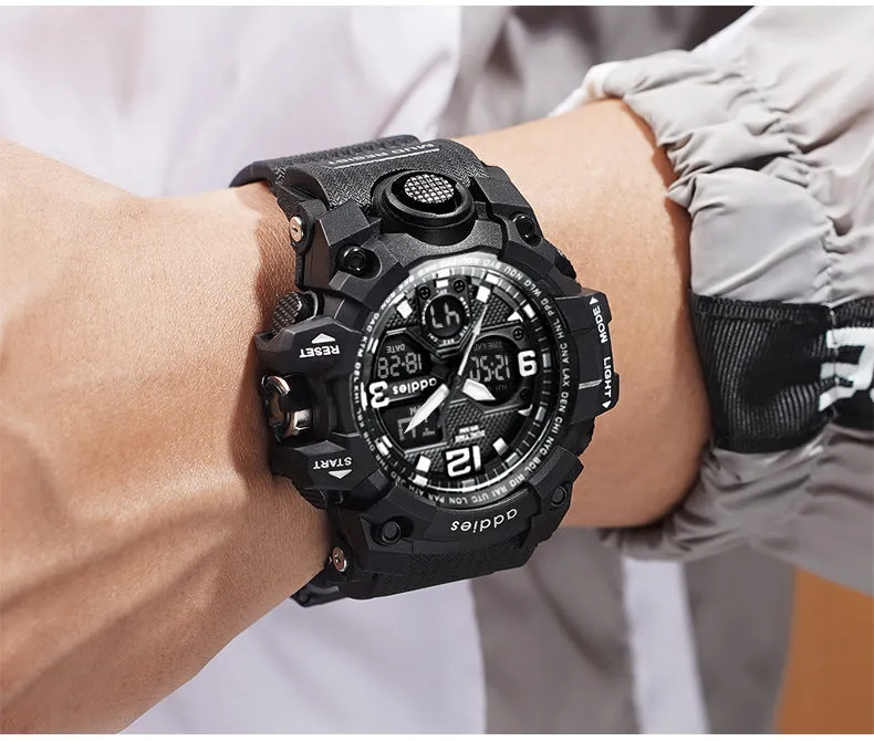 Men's black and red dual display electronic sports watch with a round plastic case and stainless steel buckle.