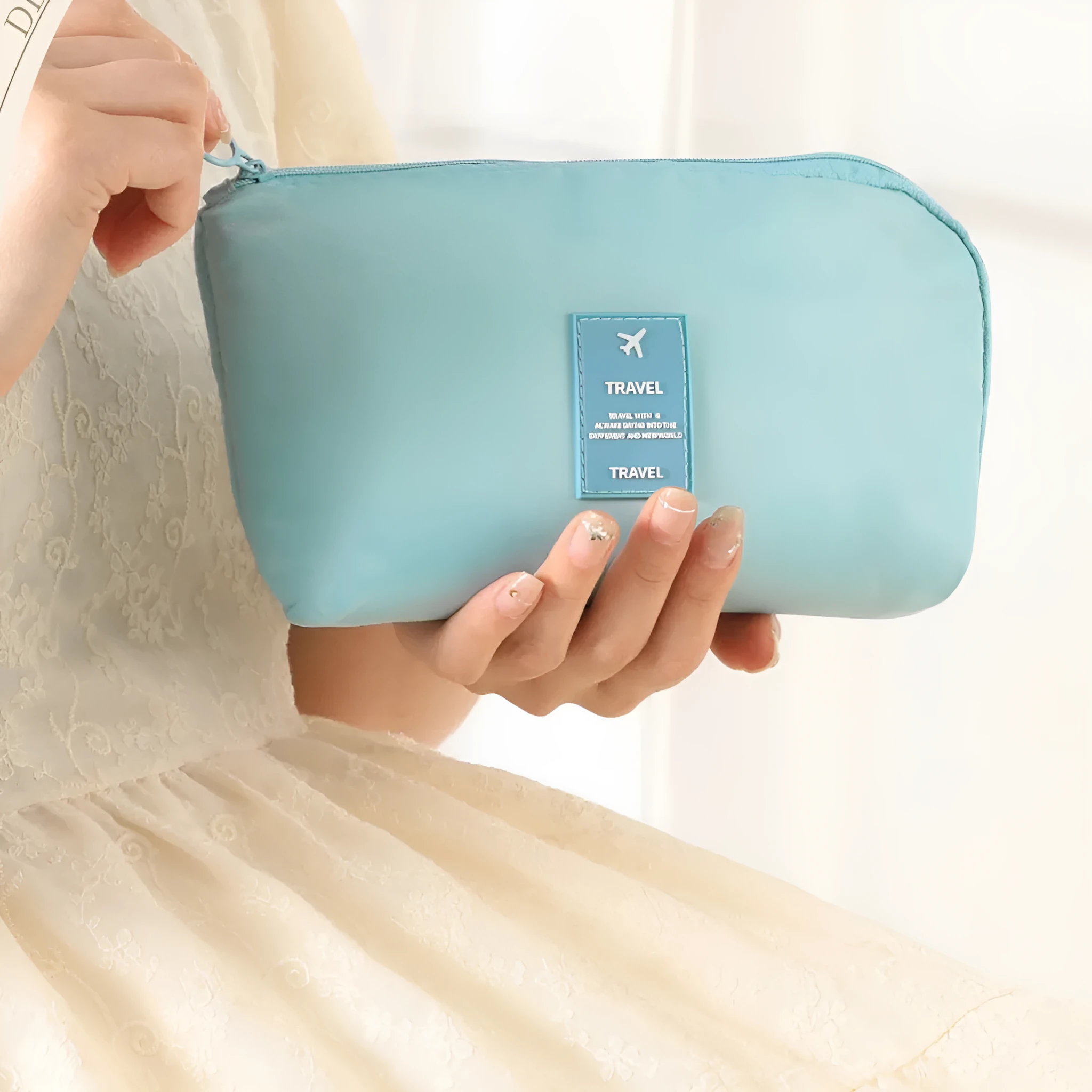 Multi-purpose polyester digital storage bag in beige with zip closure for travel and business use