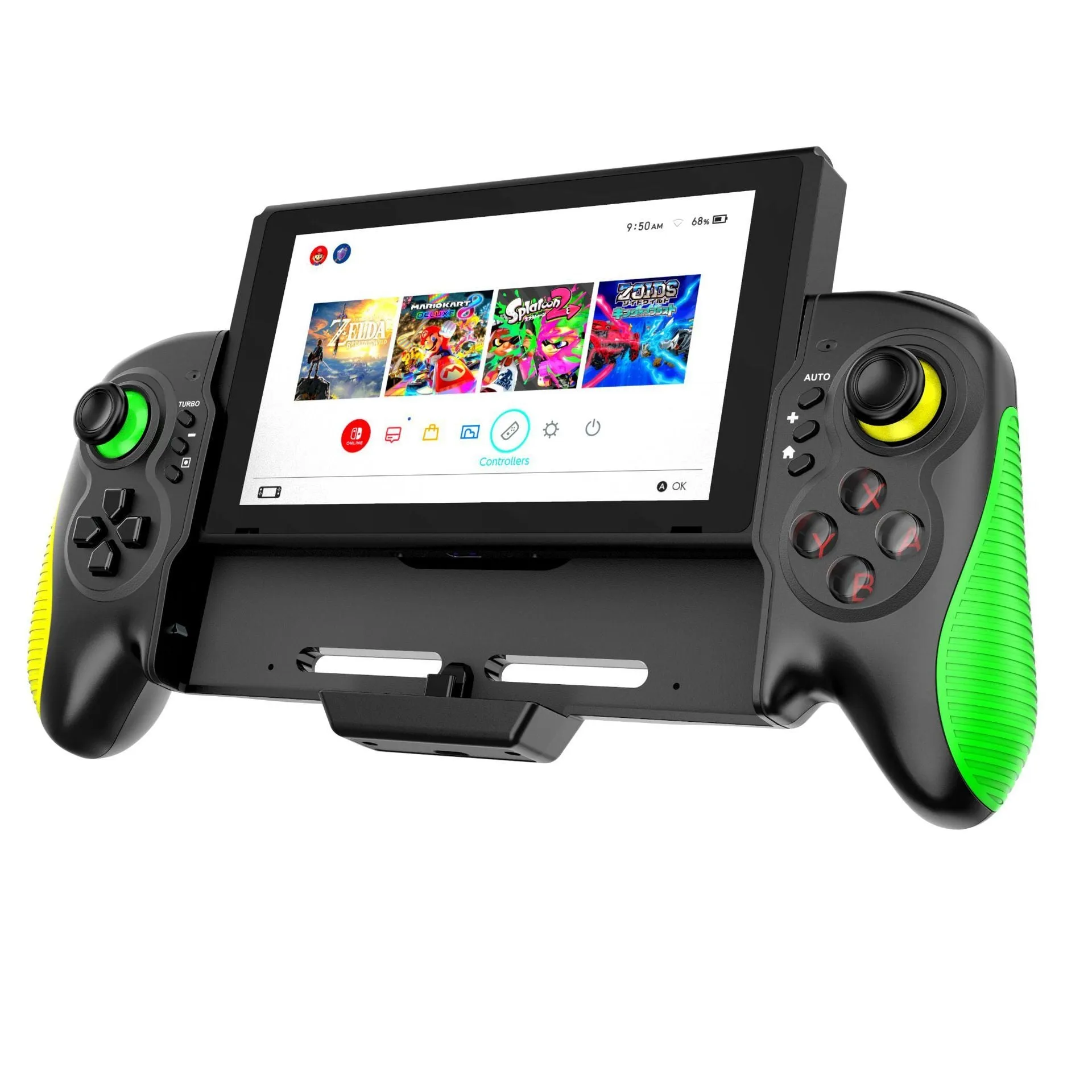 Yellow-green game controller with in-line handle design for Switch and PC gaming with vibration feedback