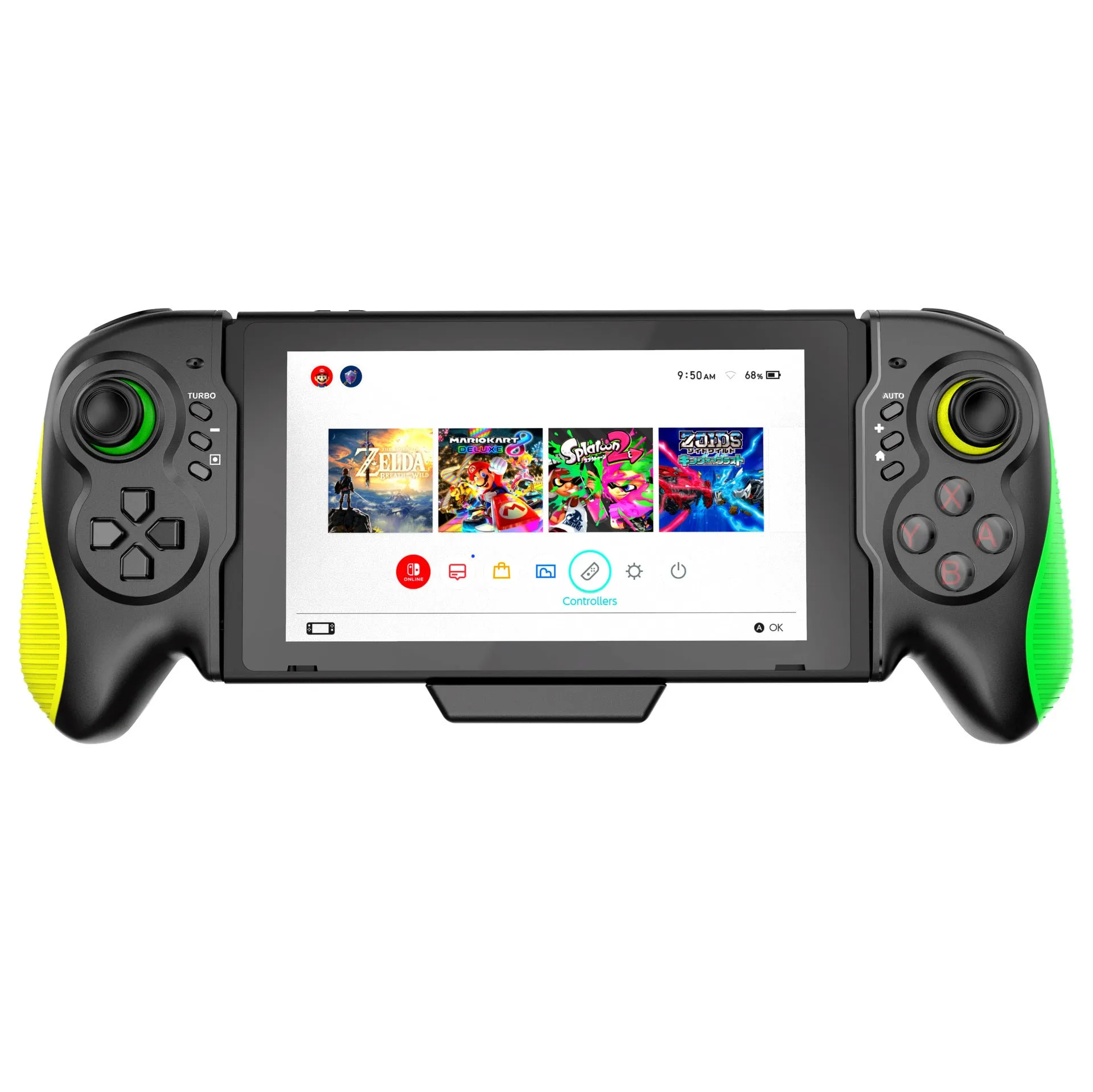 Yellow-green game controller with in-line handle design for Switch and PC gaming with vibration feedback