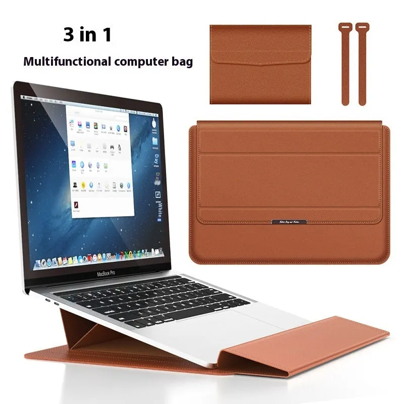 Three-in-one laptop bracket bag with wrist splint and storage liner for MacBook Pro Air, imitation leather and plush, black