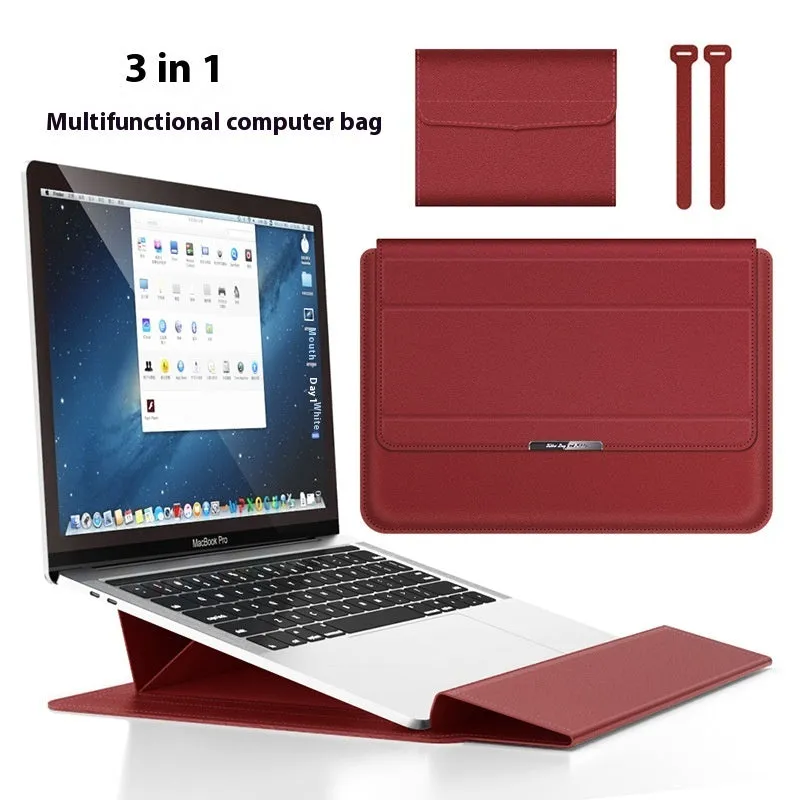 Three-in-one laptop bracket bag with wrist splint and storage liner for MacBook Pro Air, imitation leather and plush, black