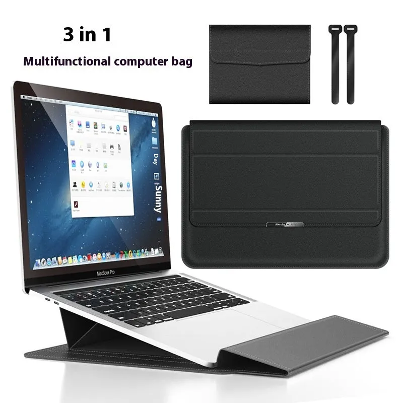 Three-in-one laptop bracket bag with wrist splint and storage liner for MacBook Pro Air, imitation leather and plush, black