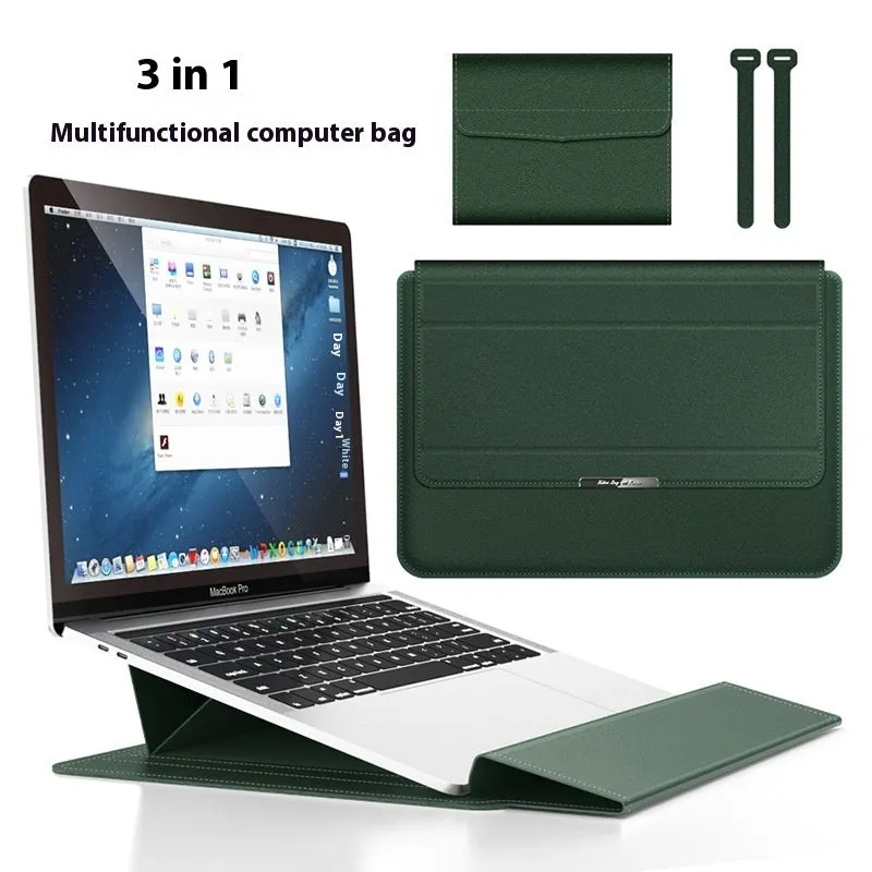 Three-in-one laptop bracket bag with wrist splint and storage liner for MacBook Pro Air, imitation leather and plush, black