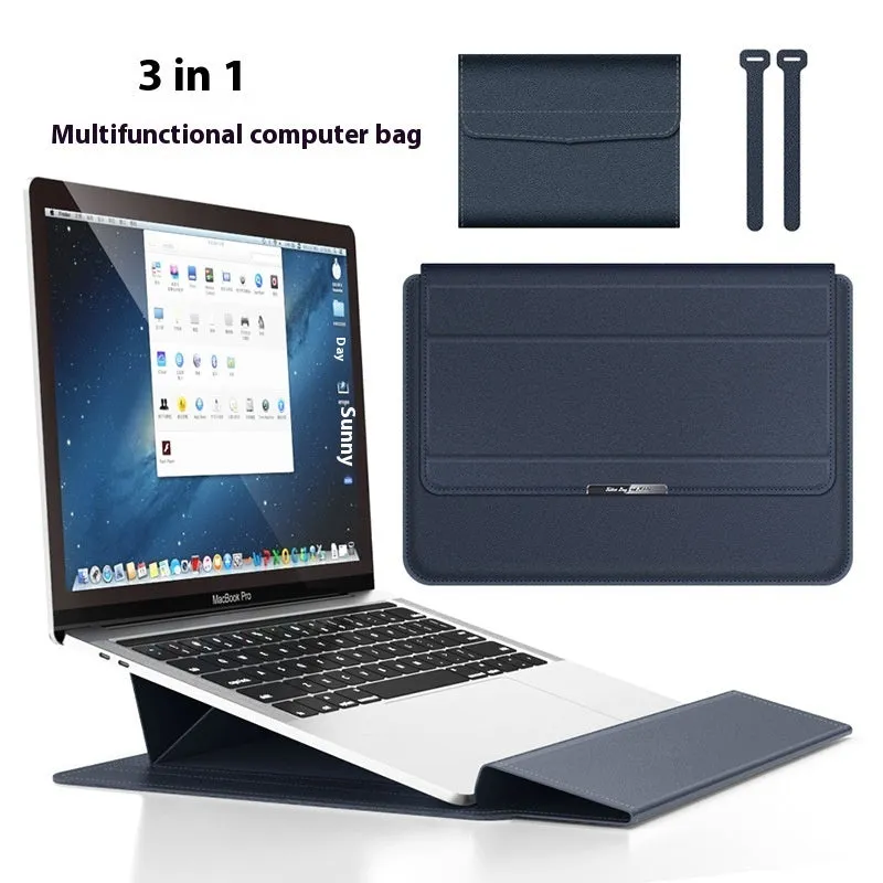 Three-in-one laptop bracket bag with wrist splint and storage liner for MacBook Pro Air, imitation leather and plush, black